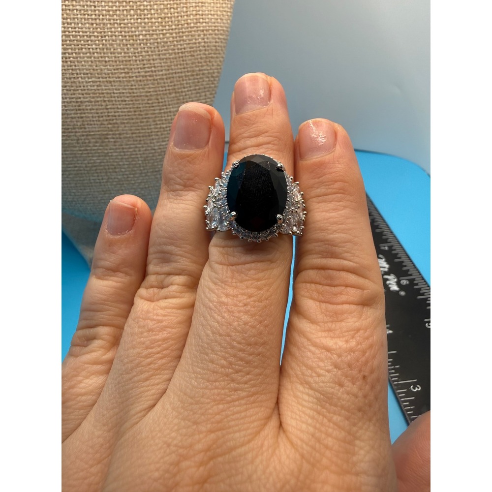 Black Oval Statement Ring Silver Tone Adjustable Band Cubic Zirconia Accents